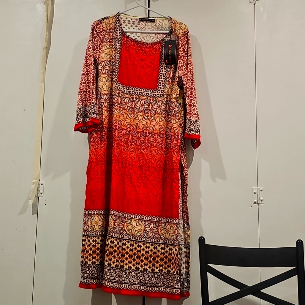 Red and Orange Patterned Dress